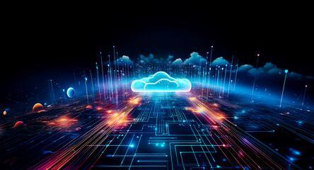 Fototapeta premium A glowing neon cloud illuminates a digital landscape with bright beams and light trails against a dark backdrop, evoking futuristic technology.