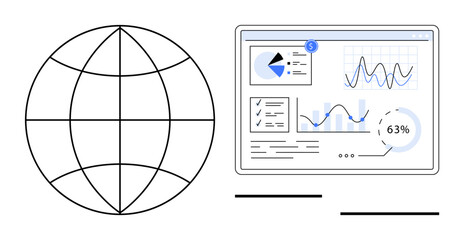 Globe and digital dashboard display analytics, charts, graphs, and infographics. Ideal for data, research, global communication, statistics technology business education. Flat simple metaphor