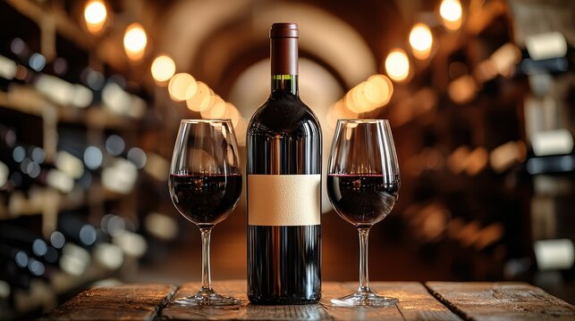 Wine bottle, glasses, filled with red wine on a wooden table and blurred shelves - Powered by Adobe