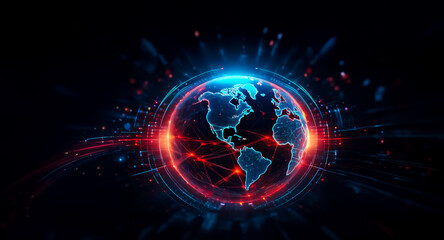 Fototapeta premium Stylized globe with glowing blue continents and red network lines on a dark backdrop. Digital connections and energy radiate from the earth.