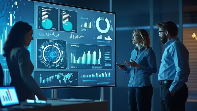 Professionals analyze charts on a large screen, discussing insights for improved business intelligence