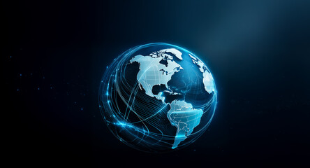 Fototapeta premium Illuminated Earth globe with bright blue lines depicting global networks against a dark background, symbolizing connection and technology.