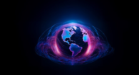 Obraz premium Globe encircled by vibrant, swirling energy on a dark backdrop. The Earth is illuminated with blue continents, encased in a pink and blue aura. Cosmic and ethereal atmosphere.