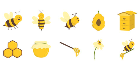 Set of honey bee illustration for world bee day. Flower, honey farm, cute bee in flat style. Vector isolated.