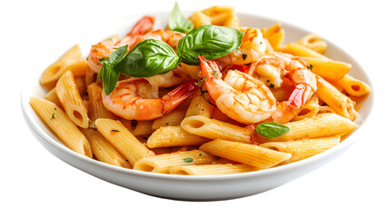 Delicious Penne Pasta with Succulent Prawns on White Background for Culinary Designs