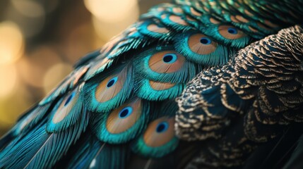 Fototapeta premium Iridescent peacock feathers display vibrant blues, greens, and golden eyes in a detailed close-up. A stunning display of natural beauty