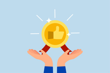 recommendation for employee, businessman hand giving thumb up honor endorsement badge.