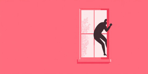 A masked burglar climbs through the window of a private house. Home invader, crime, robbery.