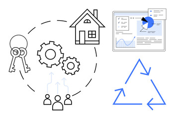 House and keys symbolize property, gears represent teamwork, arrows signify recycling, and a dashboard highlights data analytics. Ideal for housing markets, teamwork, sustainability, technology, data