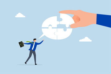Complete communication speech bubble,  businessman hand help connect jigsaw on speech bubble.