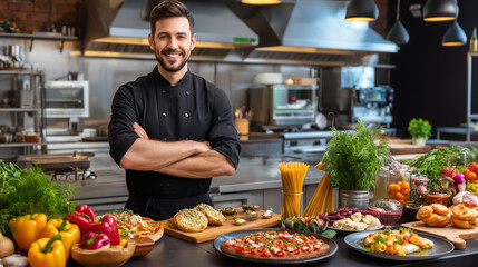 Professional Male Chef in Modern Italian Restaurant Kitchen: Smiling and Ready with Fresh Ingredients and Vibrant Culinary Creations