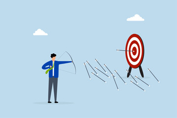 Practice develop success, businessman practicing archery with mistakes until success.