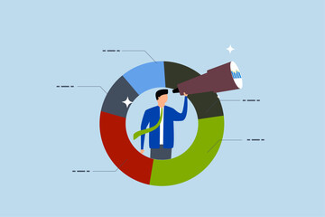Marketing strategy, businessman on pie chart looking thorough binoculars.