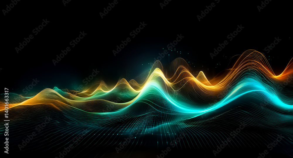 Wall mural abstract waves of blue and orange light flow across a dark, grid-like surface, creating a dynamic an