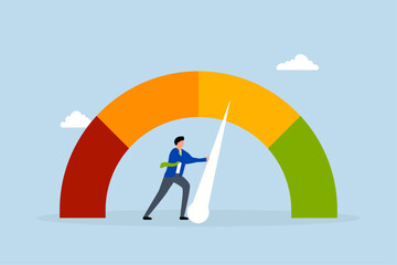 Obraz premium Push skill level, businessman pushing skill performance gauge.