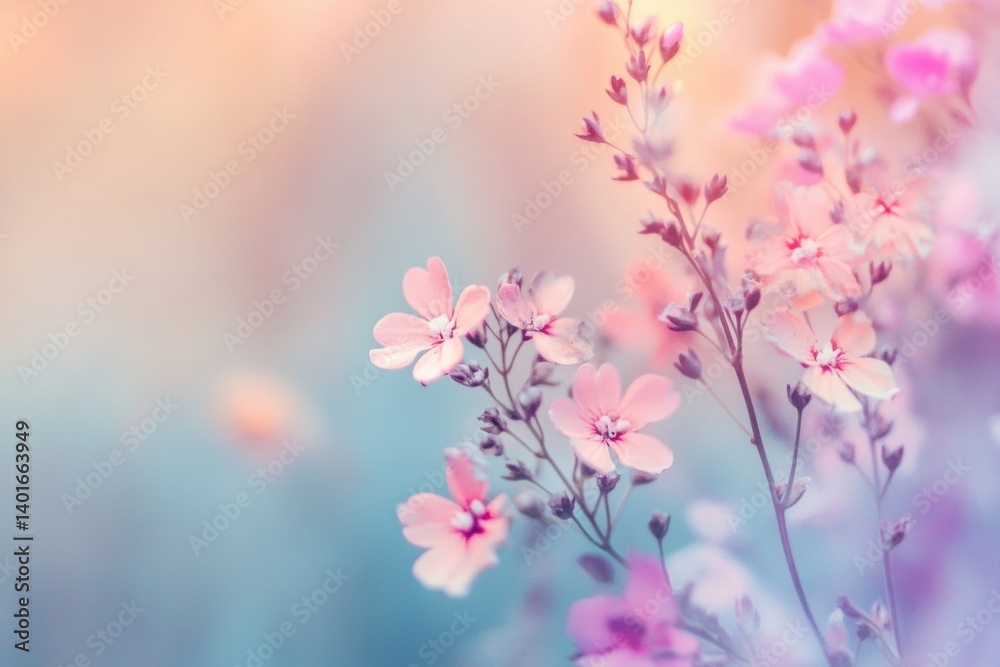 Poster Delicate out-of-focus flowers with a pastel gradient background create a soft and dreamy mood in a serene setting