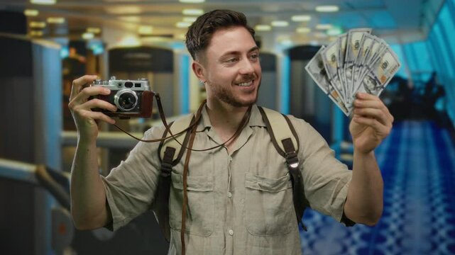 Young man with camera and dollars in gym, smiling and enjoying photography in a sports center, showcasing american currency and travel adventure.