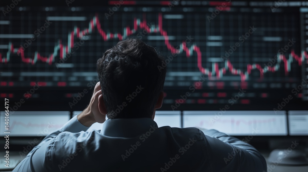 Poster trader analyzes stock market data on multiple screens during a busy trading session in an office env