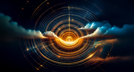 Fototapeta premium Radiant light source at the heart of concentric rings, framed by dark clouds, evoking a cosmic vibe and abstract scene.