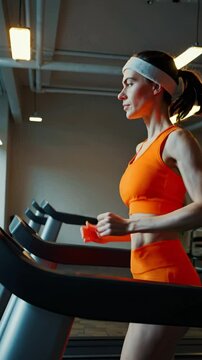 Sporty woman workout on treadmill in modern fitness gym. Adult lady in orange running in interior sports center, exercises treadmill. Cardio working out and sport training concept. 