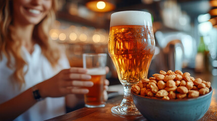 Enjoying a refreshing beer with a bowl of mixed nuts at a cozy bar during an evening gathering with friends