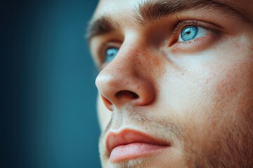 A man with blue eyes gazes upward, intrigued by an unseen object.