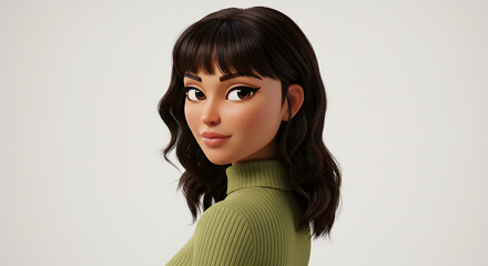 Stylized portrait of a young woman with brunette hair and a green turtleneck, showcasing a blend of realism and artistic stylization