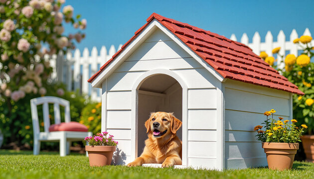 Happy dog relaxing outside a cozy doghouse in a sunny garden  