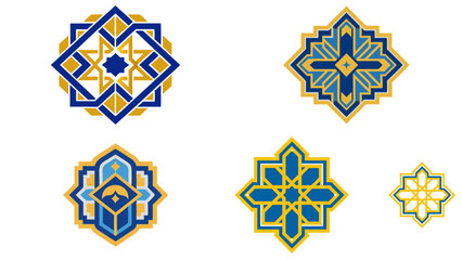 Islamic geometric patterns in minimalist style with blue and gold colors  