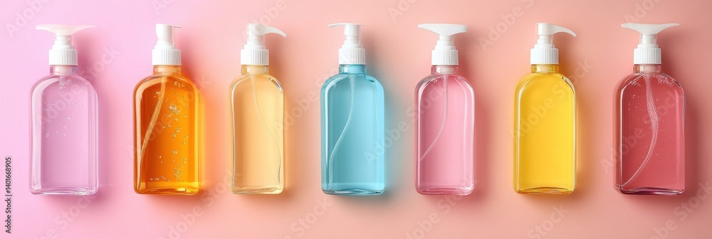 Poster modern pet shampoo bottles arranged on a bright background with clean labels ready for branding disp