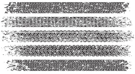 Set of five shabby, grunge style, dirty vector traces of tires.