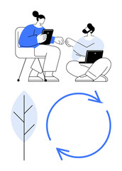 Two people discussing ideas with tablets and laptops, leaf symbol, circular arrows. Ideal for teamwork, innovation, technology, sustainability, eco-consciousness, process optimization recycling