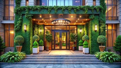 Luxurious Hotel Entrance - Grand Doors & Lush Greenery