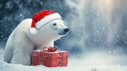 Fototapeta premium A polar bear wears a santa hat with a red present