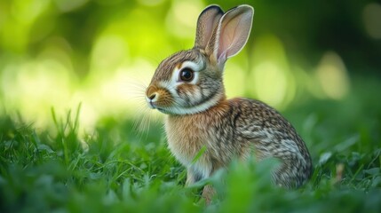 Fototapeta premium A charming brown rabbit sits amidst lush green grass, gazing thoughtfully into the distance. Soft, natural lighting highlights its delicate features