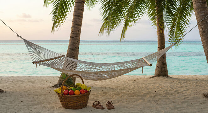 Tropical beach scene with a hammock tied between palm trees, overlooking turquoise ocean water during sunset, with a wicker basket of assorted fruits and sandals on the sand. - Powered by Adobe