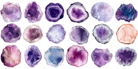 Watercolor agate slices in purple and pink shades
