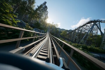 Obraz premium A thrilling roller coaster POV, showcasing a high-speed adventure through a scenic landscape under a bright, sunny sky on a winding track.