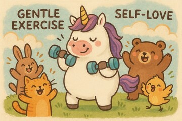 Fototapeta premium Unicorn’s gentle workout: cute animals encouraging self-love and exercise
