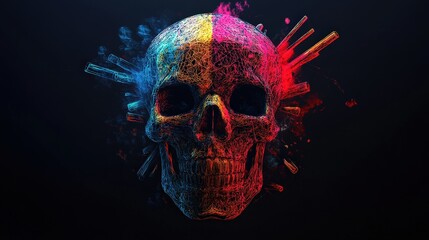 Vibrant Skull Design with Dynamic Colors and Explosive Elements