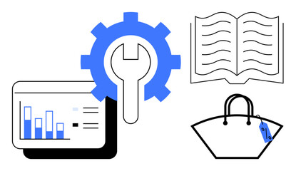 Data analytics on screen, gear with wrench, open book, price-tagged purse. Ideal for business, technology, education, commerce data-driven decisions tool management learning. Abstract line flat
