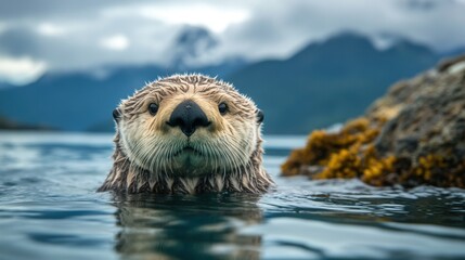 A captivating sea otter floats serenely, face just above the cool, rippling water, with a rocky, algae-covered shore nearby