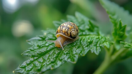 A small snail crawls across a textured, green leaf, its shell displaying intricate patterns. Soft focus background