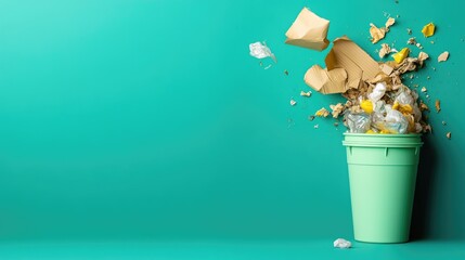 Overflowing Trash Bin with Various Waste Materials Against a Vibrant Teal Background