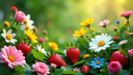 Vibrant springtime scene showcasing juicy strawberries nestled amongst a profusion of colorful wildflowers, a delightful display of nature's artistry.