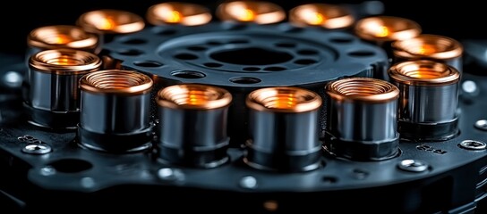 Close-up of metallic cylinders with glowing copper tops arranged in a circular pattern on a dark background.