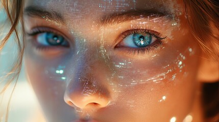 Ai augmented reality beauty concept with woman face and digital overlay for future technology trends