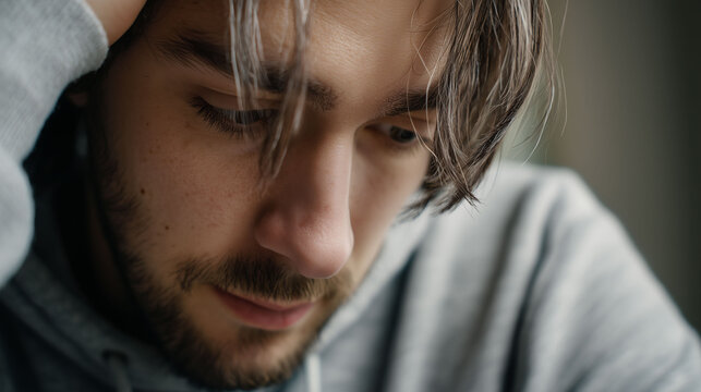 Young caucasian male in thoughtful pose, casual wear, concept of introspection and contemplation, ideal for counseling services, mental health awareness - Powered by Adobe