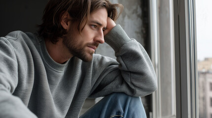 Thoughtful caucasian male adult by window in urban setting for mental health awareness concept of counseling services, lifestyle blogs, therapy centers