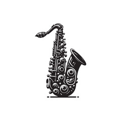 Obraz premium Black Color Saxophone Silhouette Vector Illustration, Solid White Background